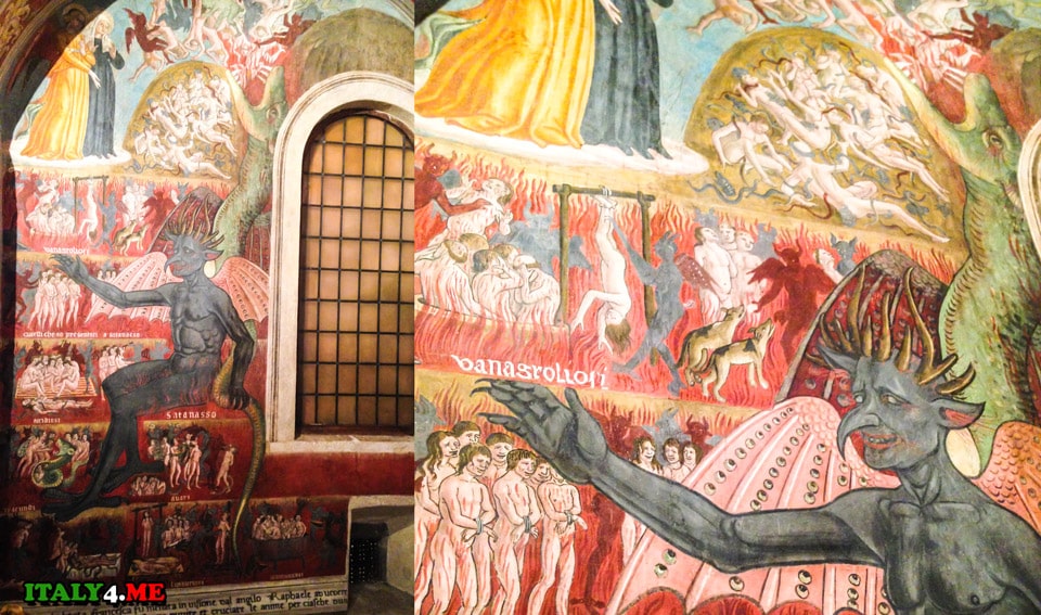 иллюстрации из видений Ада, где дьявол с множеством рогов и перепончатыми крыльями смеется над страданиями несчастных