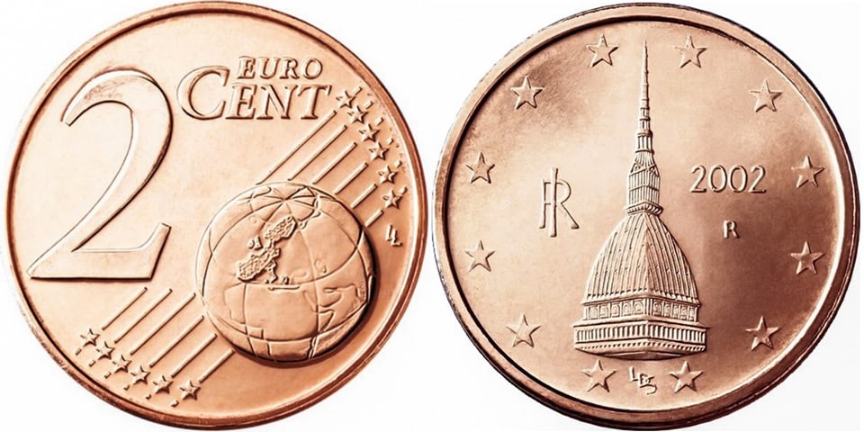 Башня Моле Антонеллиана в Турине изображена на монете 2 цента