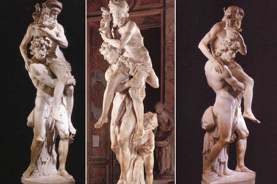 Aeneas, Anchises and Ascanius fleeing Troy sculpture by Bernini in the Borghese Gallery