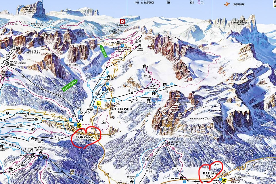 Схема трасс горнолыжный курорт Корвара в Италии