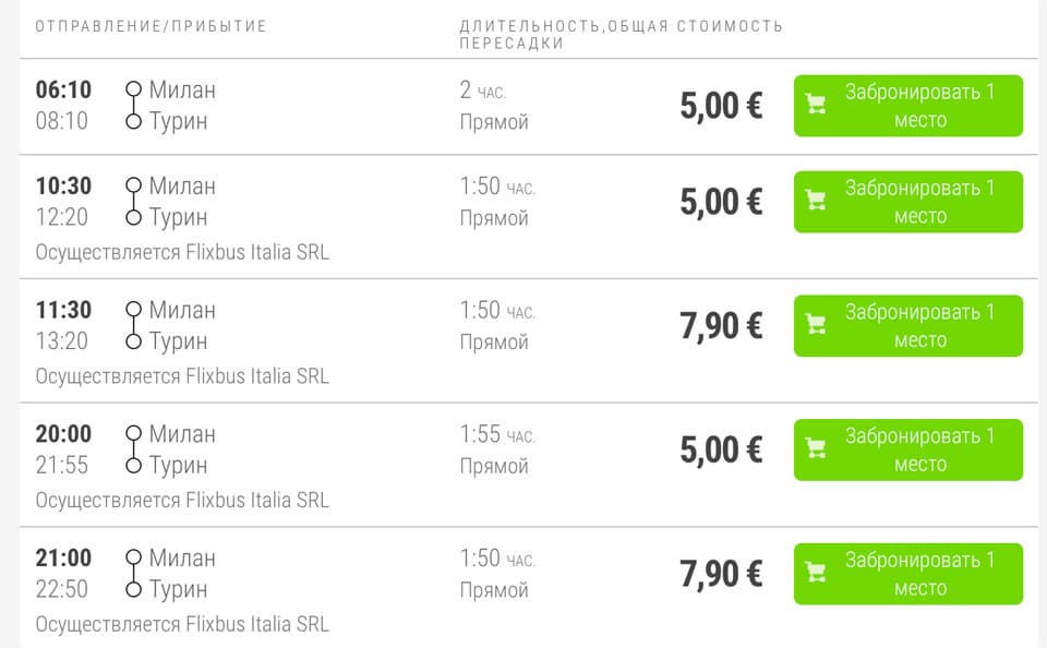 Расписание автобусов из Милана в Турин стоимость билетов