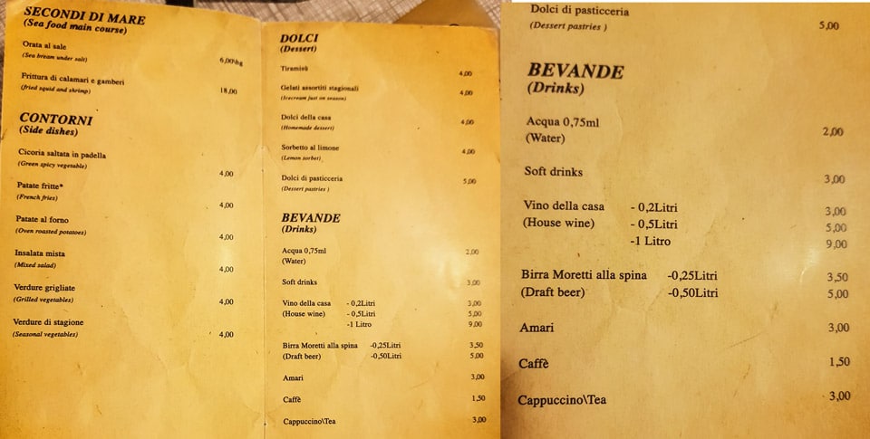 Меню ресторана Impiccetta в Риме стоимость напитков