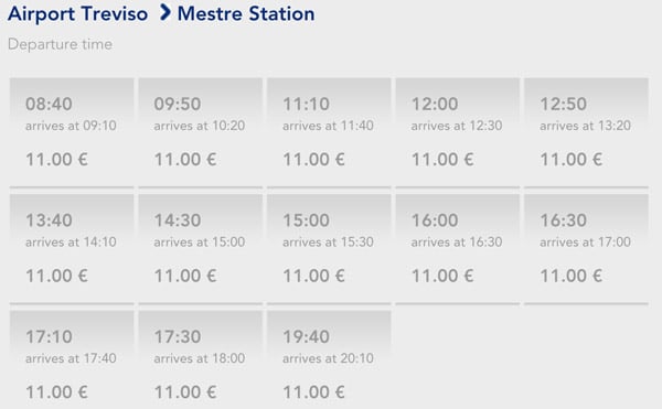 расписание автобусов из аэропорта Тревизо до вокзала Местре в Венеции