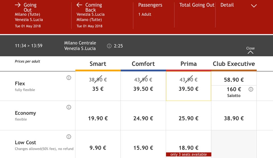 Стоимость билетов на поезд ItaloTreno из Милана в Венецию