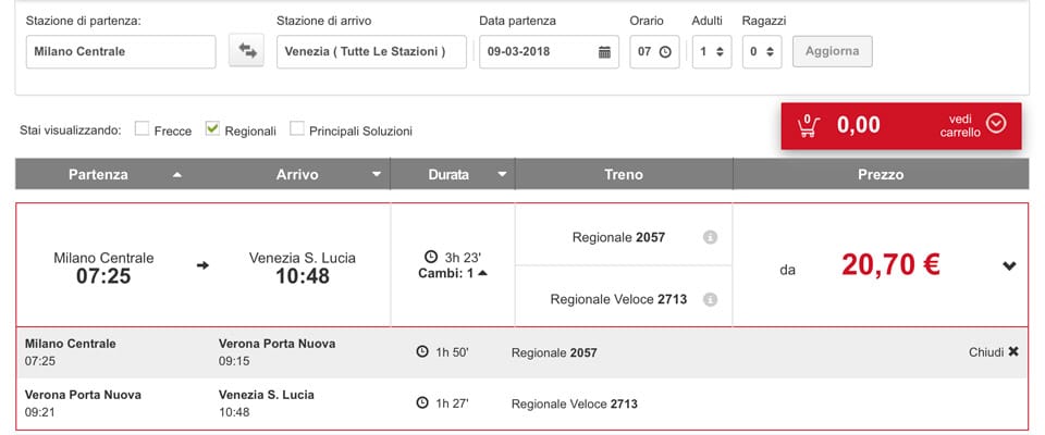Schedule of regional trains from Milan to Venice with a change in Verona