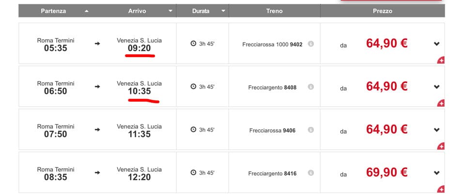 Расписание скоростных поездов Trenitalia из Рима в Венецию