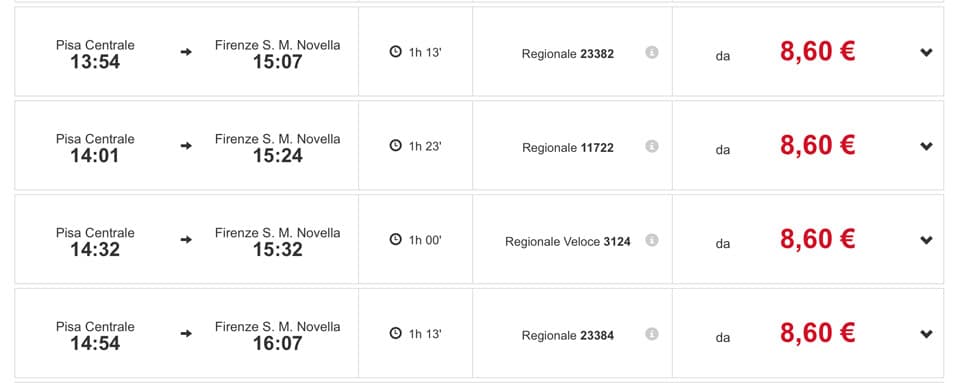 Расписание поездов из Пизы во Флоренцию, стоимость билетов