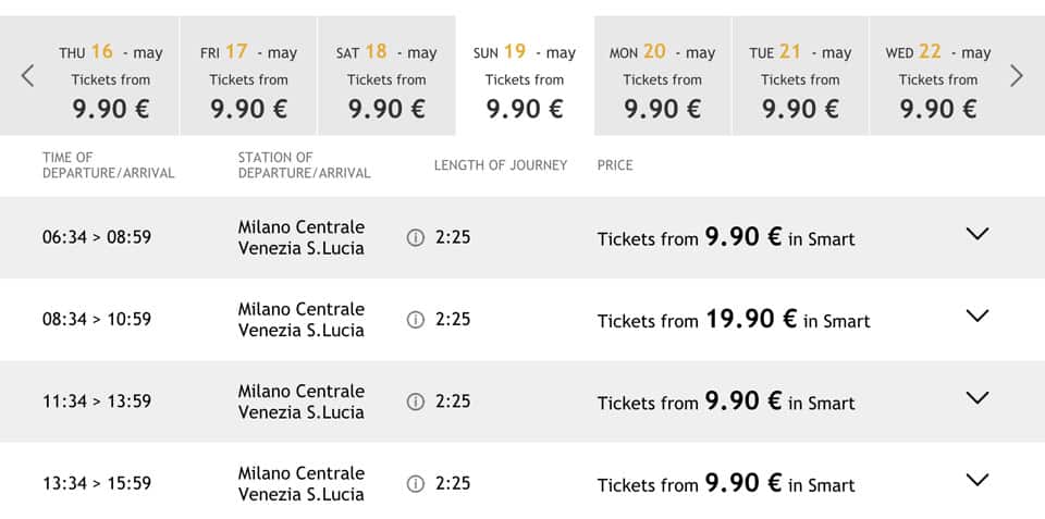 Italotreno train timetable from Milan to Venice