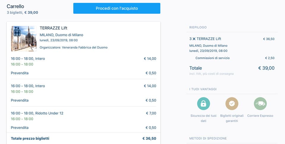 стоимость 2 взрослых и 1 детского билета на террасу собора Дуомо в Милане