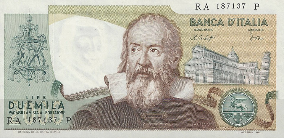 Галилео Галилей на итальянской купюре номиналом 2000 лир