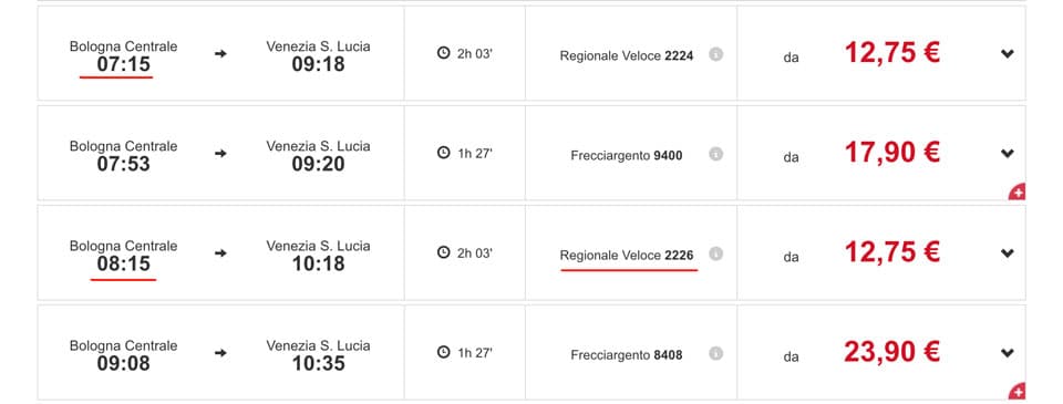 Расписание поездов Трениталия из Болоньи до Венеции
