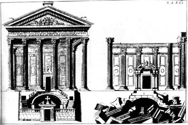 Храм Диоскуров на месте базилики Сан-Паоло Маджоре в Неаполе, гравюра XVI века