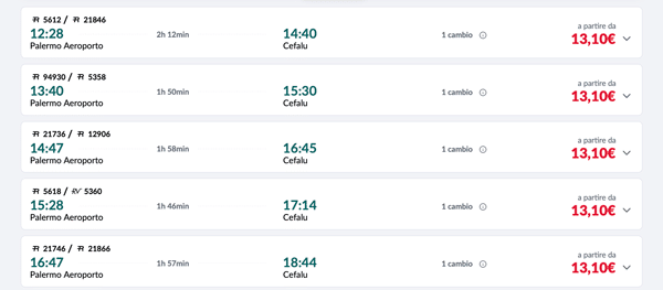 Расписание поездов из аэропорта Палермо в Чефалу