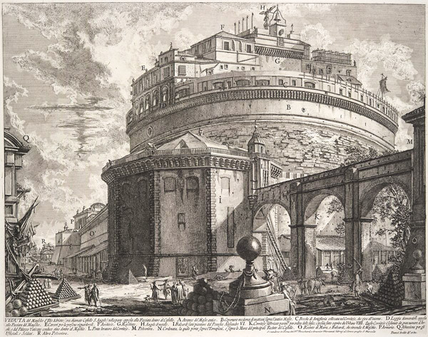 Гравюра Пиранези Вид на мост и мавзолей, возведённые императором Адрианом, 1756