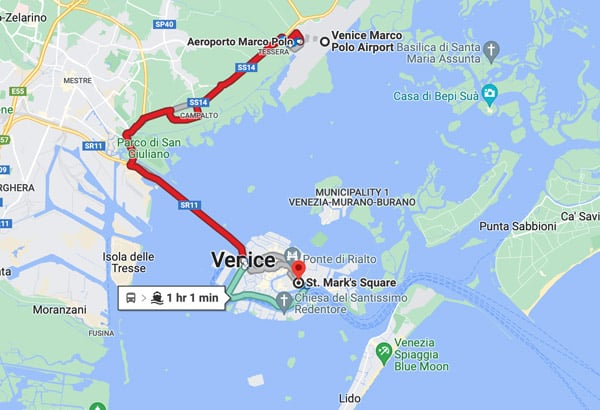 Расстояние на карте от аэропорта Марко Поло до исторического центра Венеции