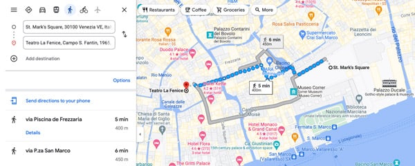 Маршрут на карте от площади Сан Марко до Театра Ла Фениче в Венеции