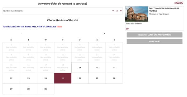 Выбор числа билетов и даты посещения Колизея