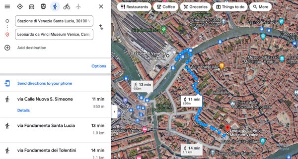 Маршрут на карте до музея Леонардо да Винчи в Венеции