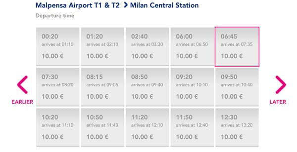Расписание отправления автобусов из аэропорта Мальпенса в Милан