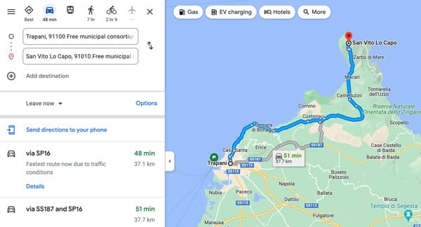 San Vito Lo Capo map route how to get from Trapani by car