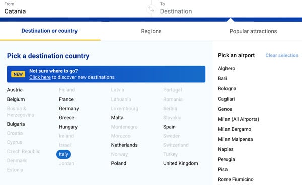 Список прямых рейсов в аэропорт Катании авиакомпании лоукостера Ryanair