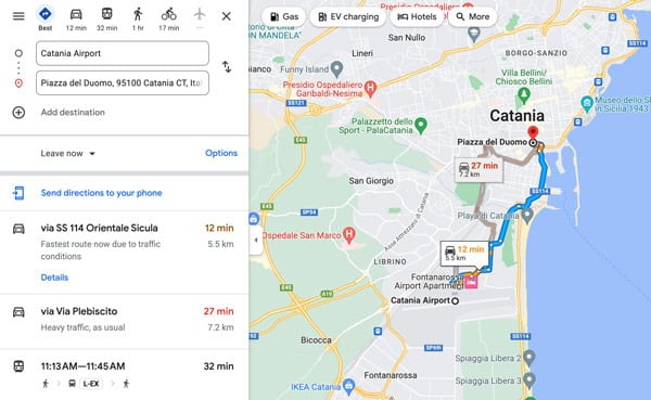 Маршрут на карте от аэропорта Катании до центра города
