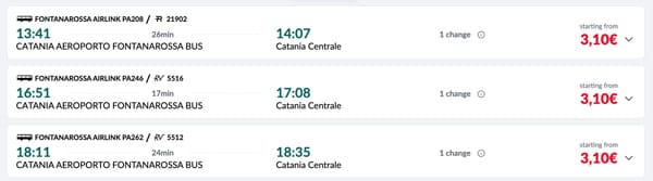 Расписание поездов из аэропорта Катании до жд вокзала Catania Centrale