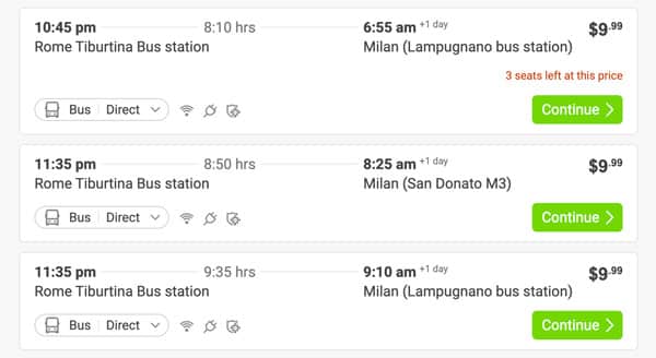 Расписание автобусов из Рима в Милан цены билетов
