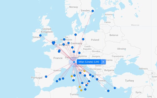 Карта прямые авиа рейсы в аэропорт Милан Линате