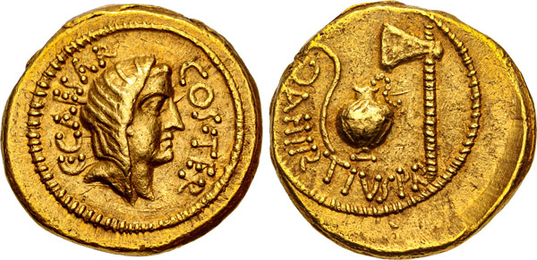 золотой ауреус римская монета Юлия Цезаря 49 год до нашей эры
