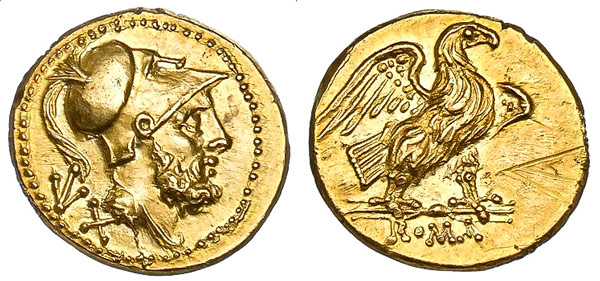 ауреус времен Второй Пунической волны золотая римская монета 286 г. до н. э.