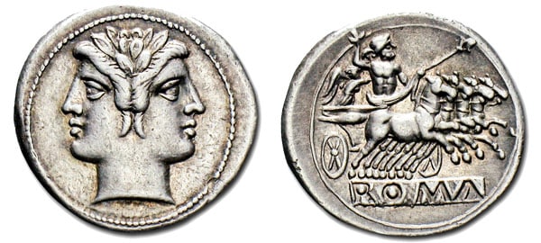квадригат римская серебряная монета богиня Победы 235 - 211 гг. до н. э.