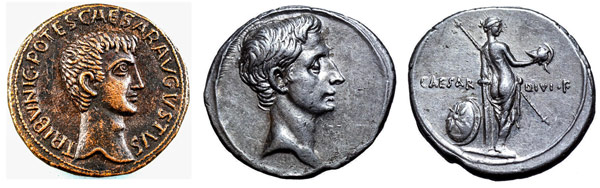 римский ауреус и динарий с изображением императора Октавиана Августа