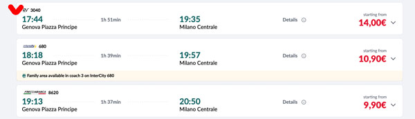 Типы поездов из Генуи в Милан и стоимость билетов